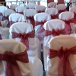 Chairs arranged in rows with white chair covers and burgundy sashes