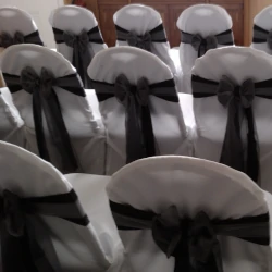 Chairs arranged in rows with white chair covers and dark organza bows