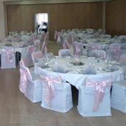 Large square-backed chairs with pink satin sashes